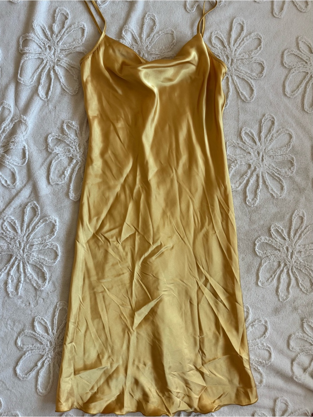 bebe Satin Cowl Neck Slip Dress in Mustard Yellow